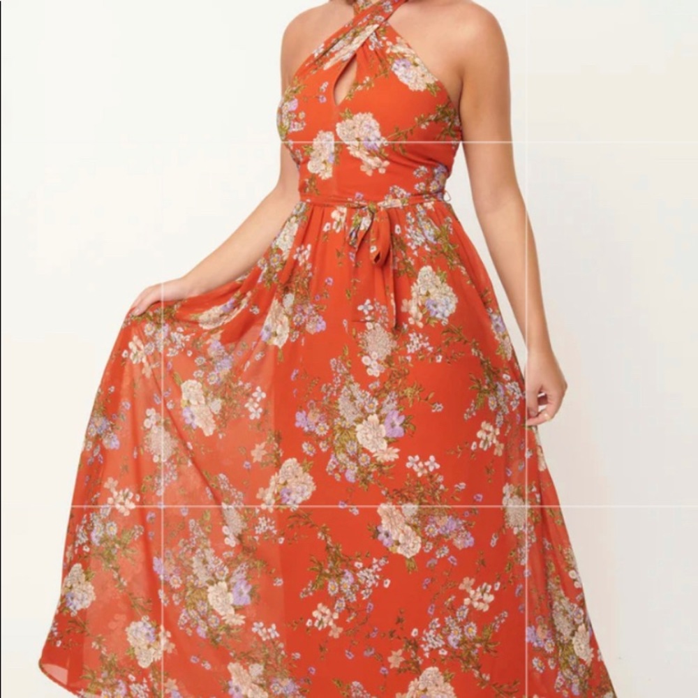Unique Vintage - Smak Parlour Rust & Floral Budding Romance Maxi Dress